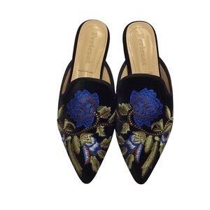 Fericzot Women's Velvet Backless Pointed Toe Slip On Loafers Flats Embroidery